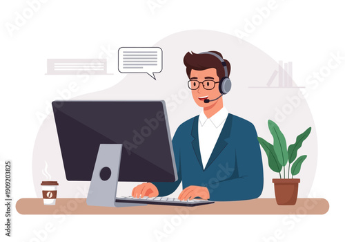 Professional Call Center Agent Illustration – Online Customer Support Service Concept