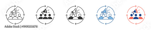 Dynamic vector icon set illustrating effective group communication, public announcement strategies, and collaborative idea sharing for business concepts and team engagement