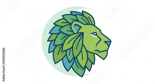 Vibrant green lion head with leafy mane in circular frame eco friendly symbol