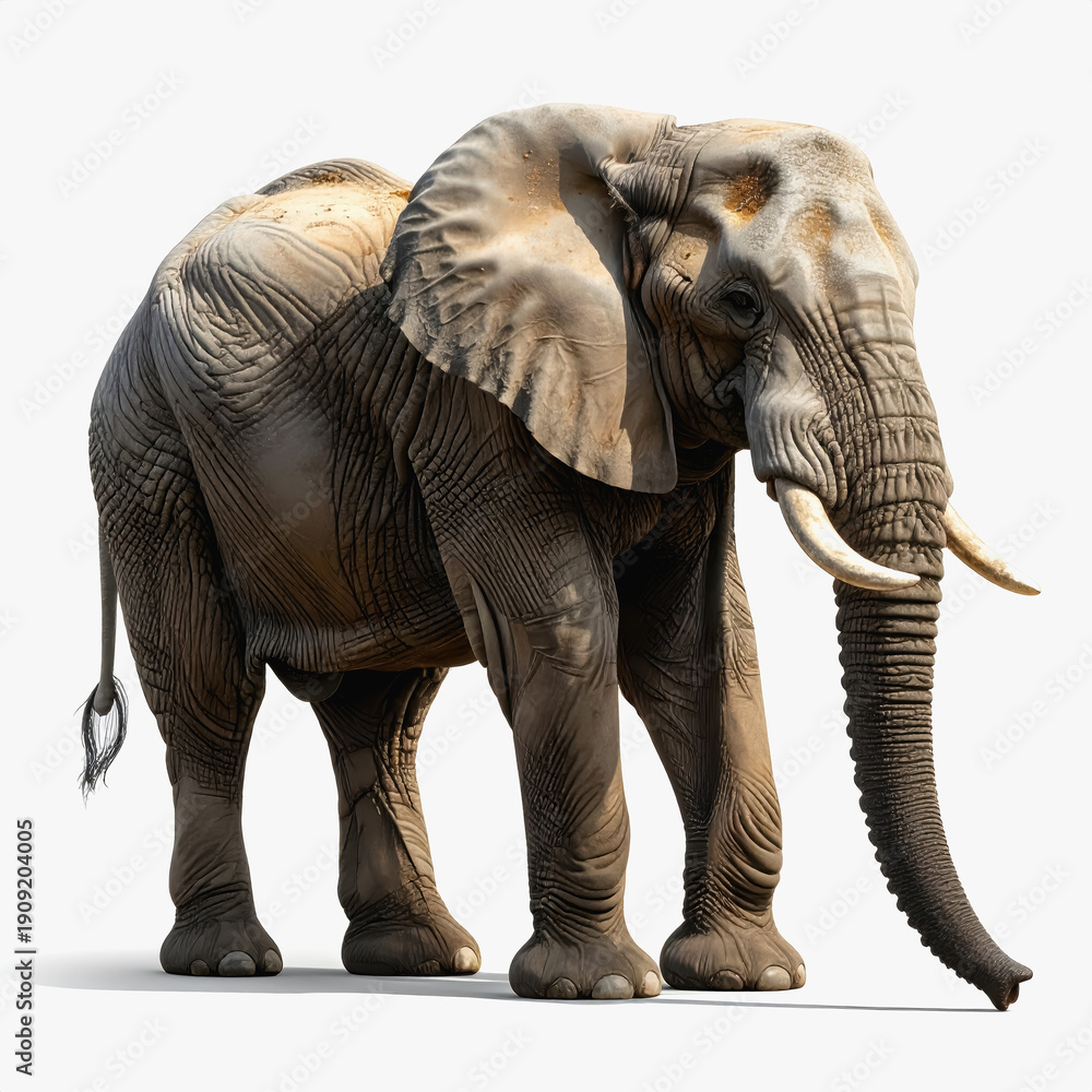 Fototapeta premium African Elephant with Prominent Tusks Standing on White Background