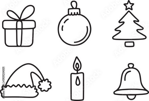 set of christmas one line doodles. christmas continuous on line drawing. gift box, christmas ball, christmas tree, santa claus hat, candle and bell.one line icon illustration with white background