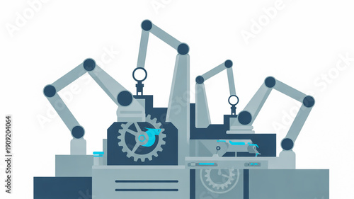 Industrial robots in a factory setting with gears and machinery mechanical