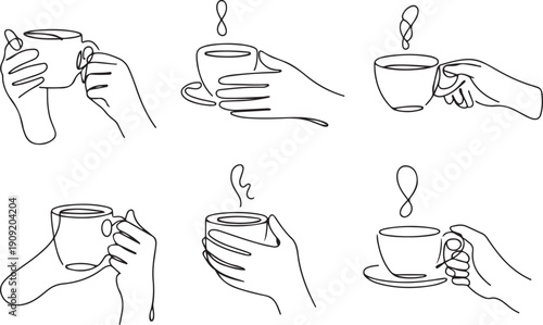 set of drawing of hands holding coffee in continuous one line drawing style. drink in a cup.one line icon illustration with white background
