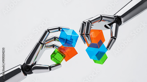 Metallic robotic hands holding and exchanging colorful 3D blocks 3D blocks exchange technology