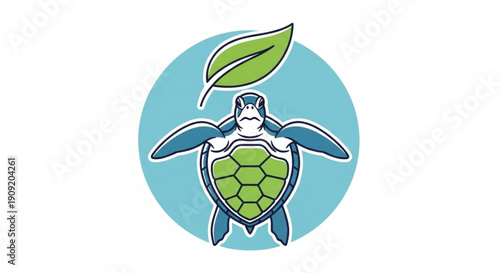 Green sea turtle with leaf eco friendly symbol on blue background for conservation and sustainability