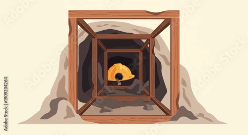 A golden hard hat rests inside a wooden mine shaft opening