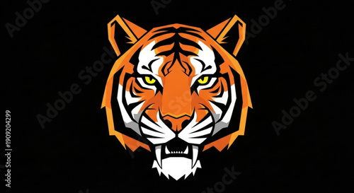 Vibrant orange tiger head with white and black stripes on a solid black background conveying power and intensity