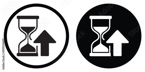 Minimalist hourglass icon with an upward arrow in flat black and white styles. Symbolizes time management, efficiency, progress, and increasing duration for UI/UX design and business apps.