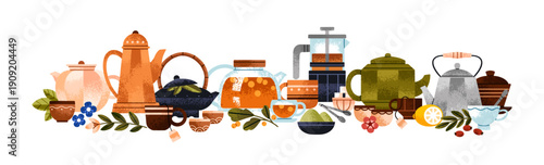 Composition of different types of Chinese tea. Banner with various herbal drinks in teapots, cups and infusers. Mug of matcha, gaiwan, kettles and teacups. Flat isolated vector illustration on white