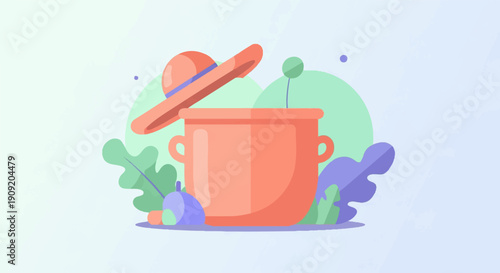 A flat illustration of a pot, hat, and stylized plants
