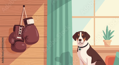 A domestic dog sits near a window with boxing gloves hanging on a wooden wall