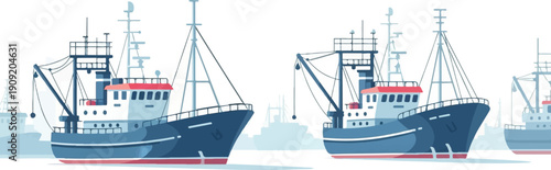 A fleet of blue and white fishing trawlers docked in a hazy harbor