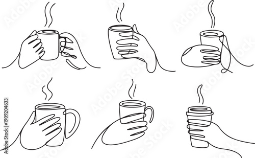 set of drawing of hands holding coffee in continuous one line drawing style. drink in a cup.one line icon illustration with white background
