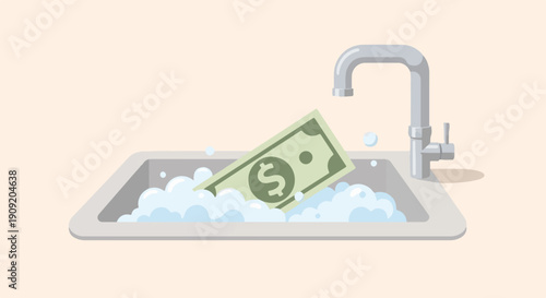 A dollar bill is being washed in a foamy sink under a faucet