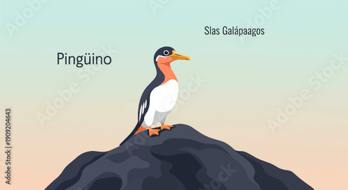 A flightless bird stands on a rock, with text labeling it and its location