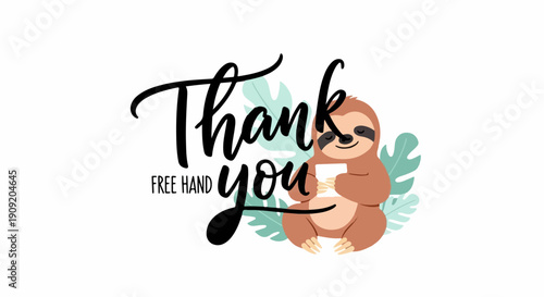 A cute sloth holding a note with 'Thank You' written in calligraphy style