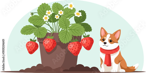 A cute dog with a red scarf sits beside a potted strawberry plant