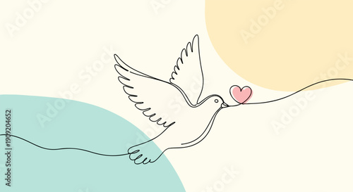 A dove carries a pink heart in its beak against soft pastel background shapes