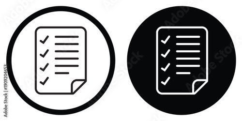 Professional clipboard with checkmarks vector icon. Set in circular frames with contrasting black and white styles. Suitable for business tasks, completed projects, and quality control.