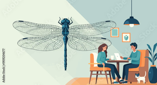 A dragonfly illustration above people and a dog in a cafe with plant