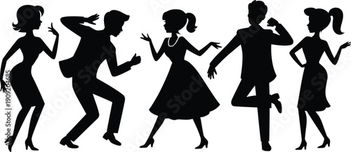 Retro dancing people silhouettes featuring men and women enjoying music party fun and rhythmic movement isolated on white background for nightlife entertainment and vintage lifestyle design