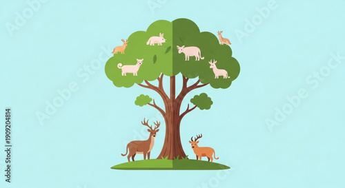 Deer and animals under a tree on green grass with blue background wildlife scene