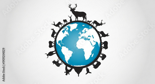 Earth with deer and animals silhouette circle eco friendly conservation concept