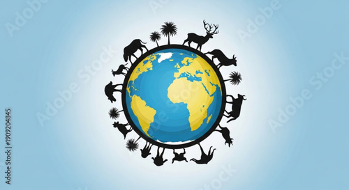 Earth surrounded by animals and plants in a circular formation on a blue background