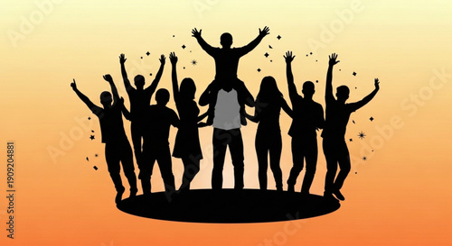 Group of people celebrating with raised arms in silhouette against vibrant sunset background with confetti