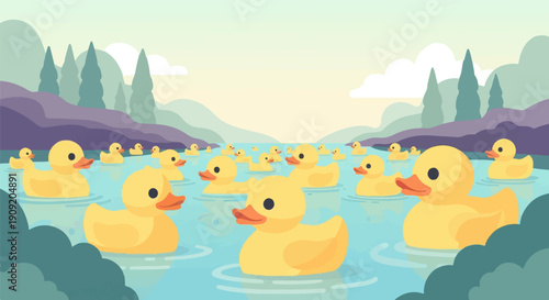 A flock of yellow rubber ducks floats serenely on a tranquil blue lake