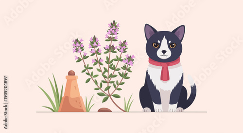 A cute cartoon cat sits beside a flowering herb and a small pot