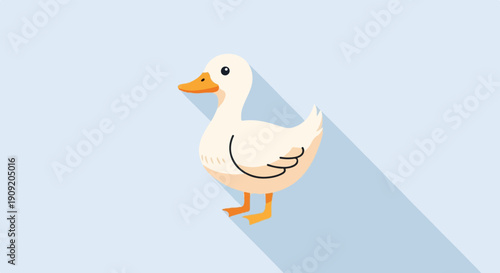 A cute white duck with an orange beak and feet stands on a light blue background