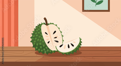 A cut soursop and slice with seeds on a wooden surface