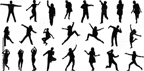 Set of dynamic people silhouettes showing dancing, jumping and expressive body movement poses, illustrating freedom, energy, celebration, performance, fitness
