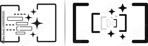 Two black vector icons featuring stylized camera viewfinders and focus brackets with magical star accents, representing digital composition, precision framing, and visual focus.