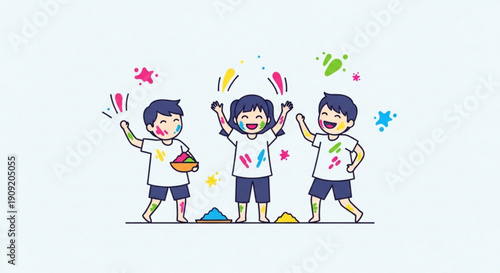 Three cheerful children playing with colorful confetti and paint smiling and having fun together in a lively scene