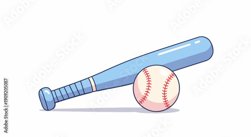 A cartoon-style baseball bat rests beside a baseball on a white background