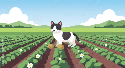 A cat stands in a field of growing plants with hills and sky in the background