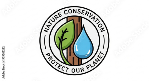 Nature conservation logo with leaf water drop and tree trunk on white background symbolizing environmental protection and sustainability