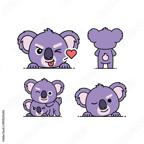 Photography Cute cartoon koalas with different emotions and poses on white background