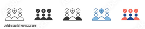 Approved Team Icon Set Graphics of three people with checkmarks, symbolizing successful selection, verified users, or completed group tasks. Use for collaboration