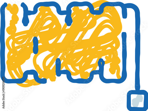 Hand drawn blue and yellow lines forming an abstract electric heating radiator doodle, representing home climate control technology and warmth for residential comfort