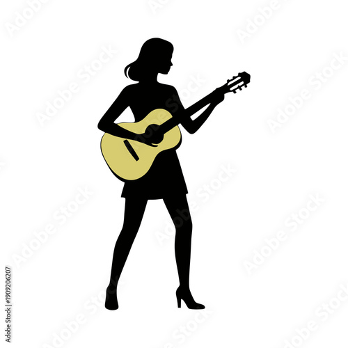 silhouette of a woman playing guitar with white background