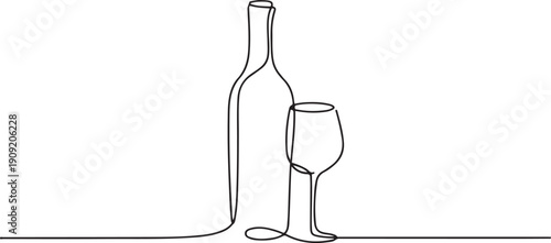 Vector wine bottle and glass one line continuous drawing illustration.one line icon illustration with white background