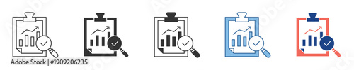 Icon set for business analysis report verification, financial performance review. Includes charts on a clipboard with a magnifying glass and checkmark