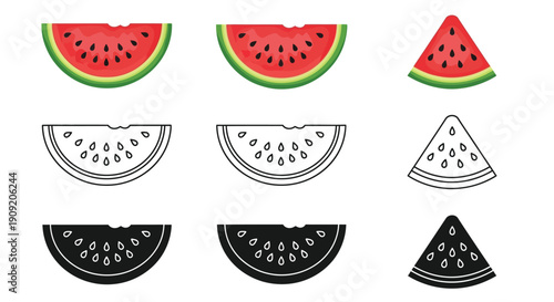 Collection of stylized watermelon slices shown in full color outline and solid black icon variations perfect for summer design.