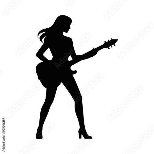 silhouette of a woman playing guitar with white background