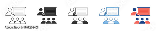 Vector icon set depicting a presenter, audience, and screen, ideal for education, business meetings, training, and knowledge sharing concepts
