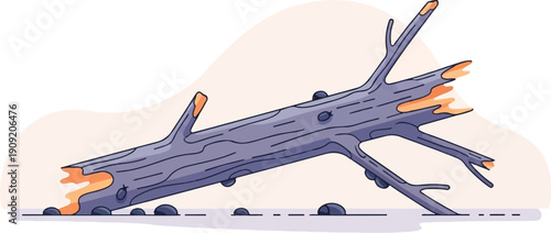 A fallen, gnarled tree trunk with broken branches and exposed wood