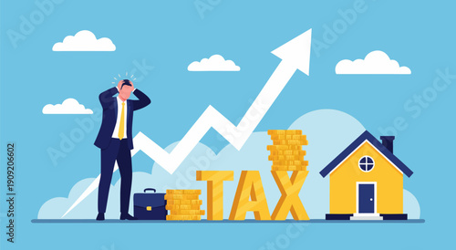 Financial Crisis Vector Illustration of Businessman Stressed by Rising Taxes and Economic Downturn